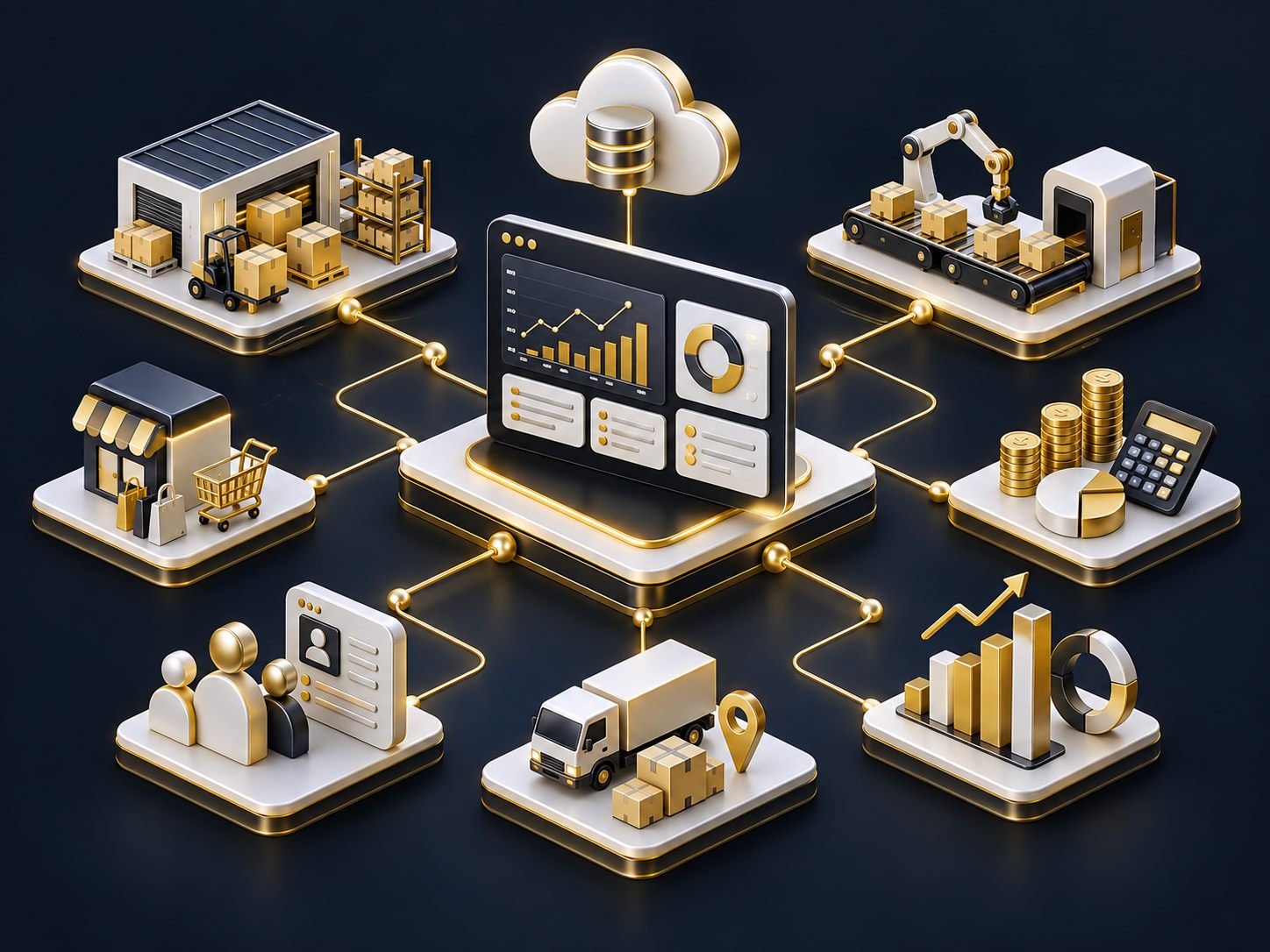 ERP software integrated business operations and inventory illustration