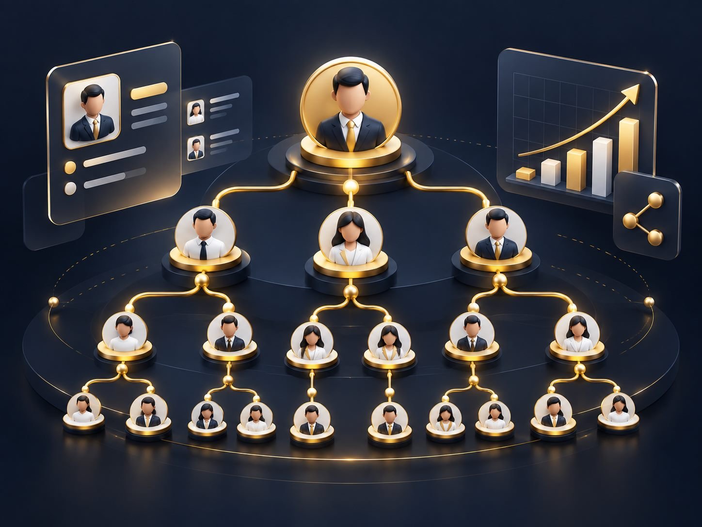 MLM software team network and growth hierarchy illustration